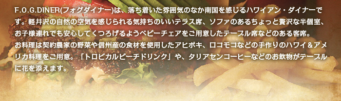 F.O.G.DINER(フォグダイナー)は、落ち着いた雰囲気のなか南国を感じるハワイアン・ダイナーです。軽井沢の自然の空気を感じられる気持ちのいいテラス席、ソファのあるちょっと贅沢な半個室、お子様連れでも安心してくつろげるようベビーチェアをご用意したテーブル席などのある客席。お料理は契約農家の野菜や信州産の食材を使用したアヒポキ、ロコモコなどの手作りのハワイ＆アメリカ料理をご用意。「トロピカルビーチドリンク」や、タリアセンコーヒーなどのお飲物がテーブルに花を添えます。